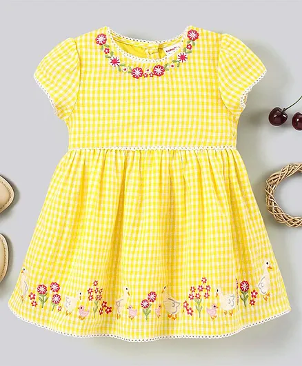 Babyhug 100% Cotton Checks Embroidered Short Sleeves Frock - Yellow