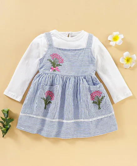 Babyhug Yarn Dyed Striped and Embroidered Frock With 3/4th Sleeves Inner Tee - Blue White