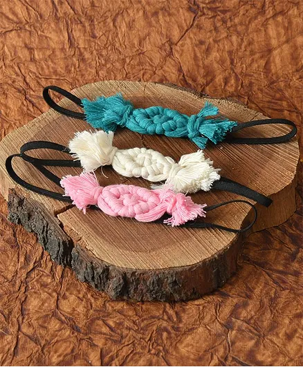 Funkrafts Braided Macrame With Knotted Tassel Ends Applique Pack Of 3 Headbands - Green Off-White And Pink