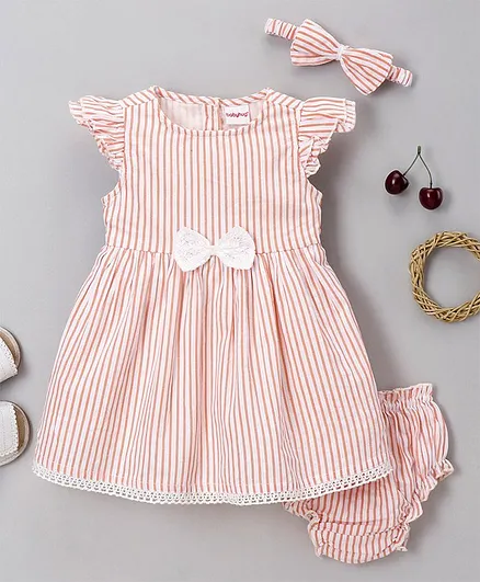 Babyhug 100 % Cotton Sleeveless Frock with Bloomer and Hairband Stripes Print- Pink