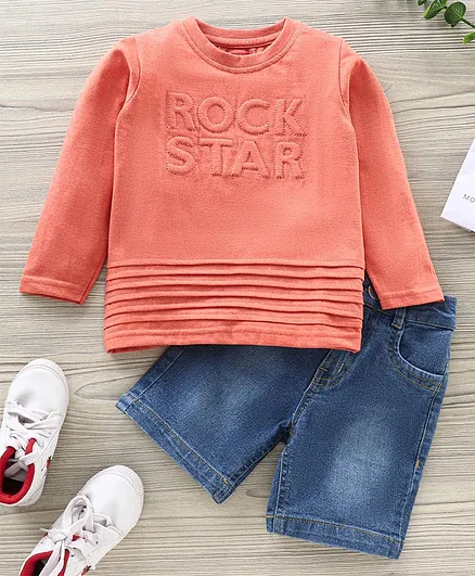 Babyhug Full Sleeves T-shirt with Rockstar Embroidery and Denim Shorts Set - Orange
