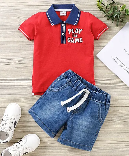 Babyhug Half Sleeves T-Shirt & Shorts Set Text Embroidery - Red Blue