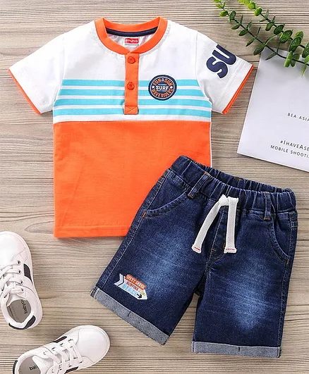 Babyhug Half Sleeves Color Block T-Shirt and Denim Shorts Set with Patches - Muticolor Blue