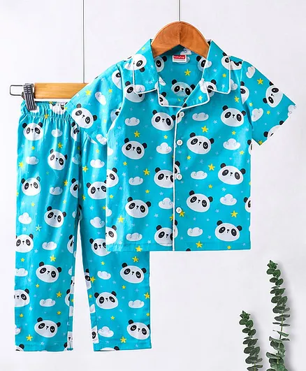 Babyhug Half Sleeves Shirt & Pyjama Set Panda Print - Blue