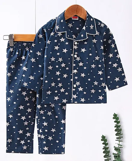 Babyhug Full Sleeves Shirt & Pyjama Set Star Print - Navy
