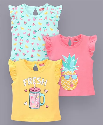 Babyhug Short Frill Sleeves Tops with Fruits Print - Yellow Pink Blue
