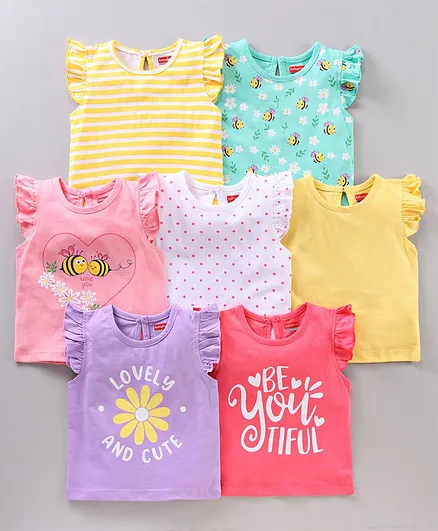 Babyhug Short Frill Sleeves Tops Striped and Text Print Pack of 7 - Multicolor