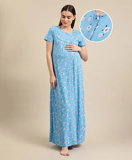 Bella Mama Half Sleeves Maternity Nighty Floral Print - Blue