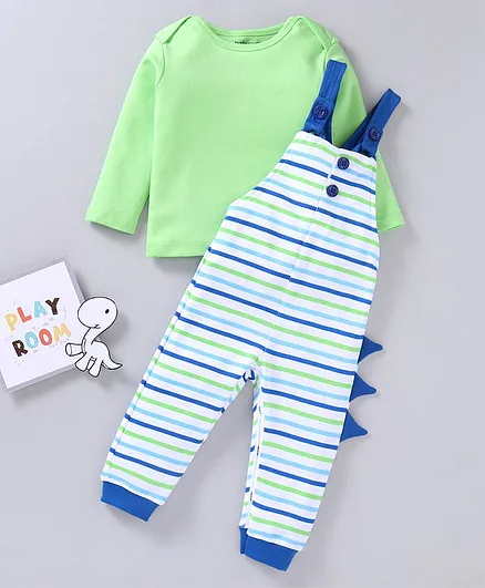 Babyoye 100% Cotton Full Sleeves Tee & Striped Dungaree Set - Green