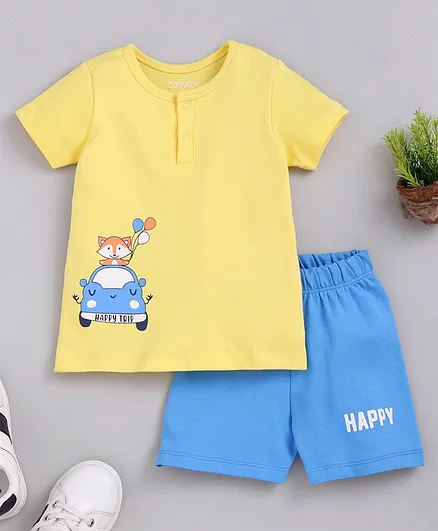 Babyoye Half Sleeves T-Shirt and Shorts Set Fox Print - Yellow Blue
