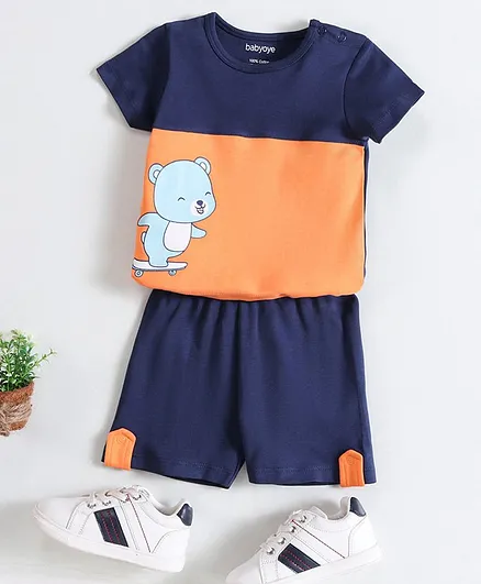Babyoye Half Sleeves T-Shirt & Shorts Set Placement Print - Navy Blue
