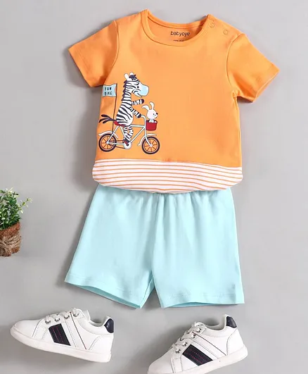 Babyoye Half Sleeves T-Shirt & Shorts Set Placement Print - Orange Blue