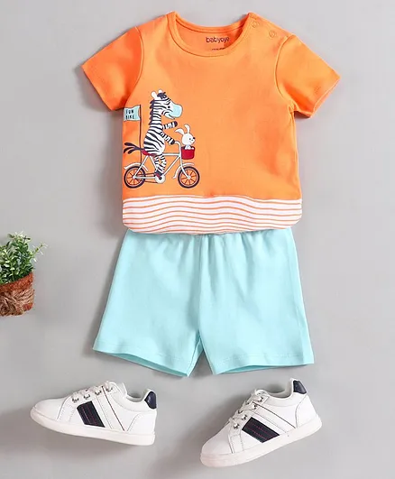 Babyoye Half Sleeves Printed Tee and Shorts Set - Blue Orange