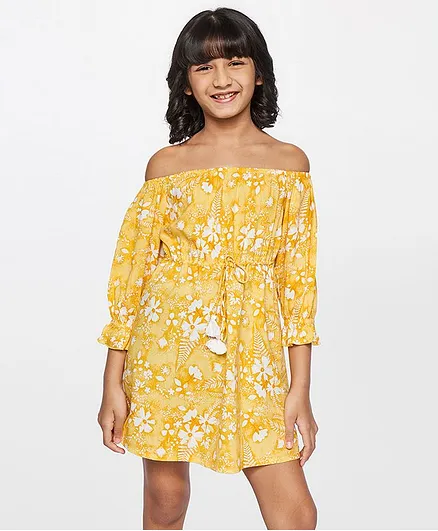 Global Desi Girl Off Shoulder Frock Floral Print - Yellow
