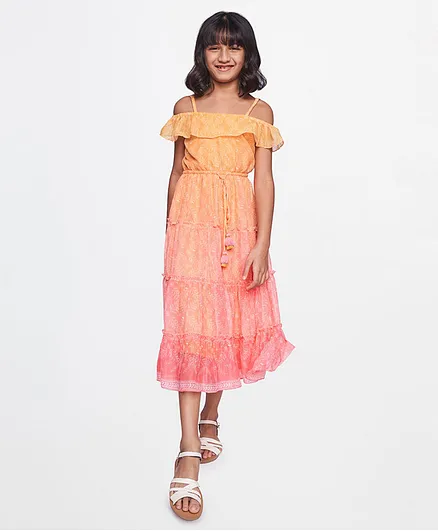 Global Desi Girl Off Shoulder Floral Printed Frock - Orange