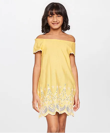 Global Desi Girl Off Shoulder Frock Floral Embroidered - Yellow