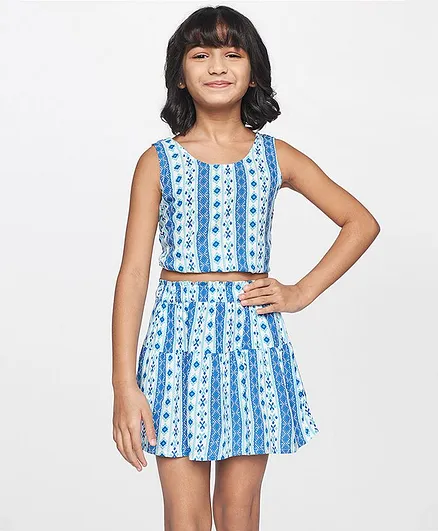 Global Desi Girl Party Wear Sleeveless Printed Top & Skirt - Light Blue