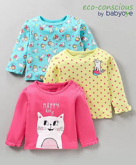 Babyoye Cotton Full Sleeves Tops Kitty Print Pack of 3 - Blue Pink Yellow