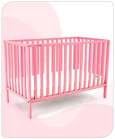 Babyhug Visby Wooden Cot with 3 Level Height Adjustment & Plug and Play Assembly - Pink