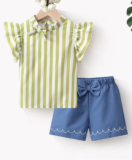 Kookie Kids Short Sleeves Striped Top with Shorts - Green Blue