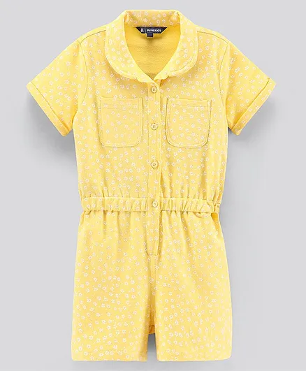 Pine Kids Cotton Short Sleeves Floral Print Bio-Washed Jumpsuit - Yellow