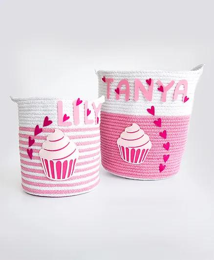 Yellow Doodle Magical Cupcake Organic Cotton Rope Baskets Pack of 2 - Pink