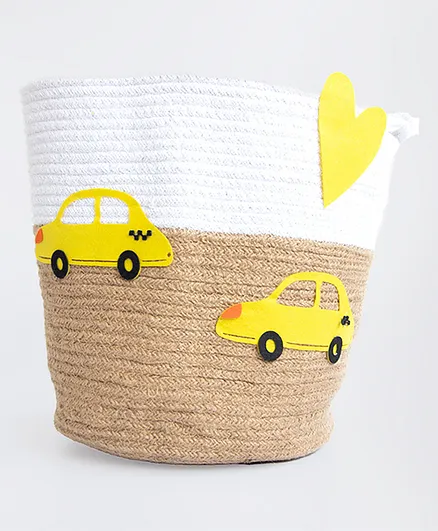 Yellow Doodle Love For Cars Organic Cotton Rope Basket Large Size - Yellow