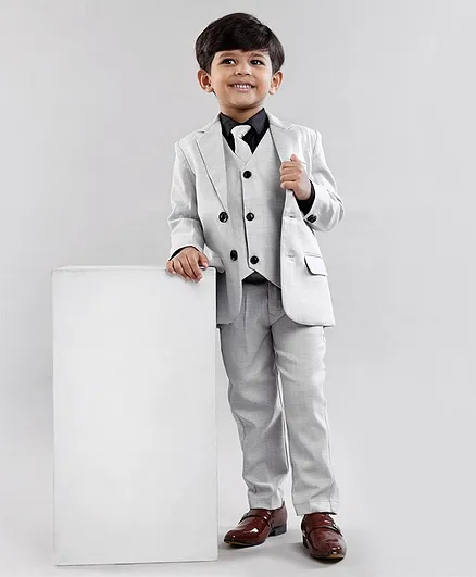 Babyhug Full Sleeves Party Wear Suit with Blazer & Tie - Grey