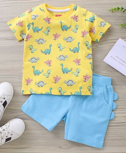 Babyhug Half Sleeves T-shirt & Shorts Set Dinosaurs Print - Yellow Blue