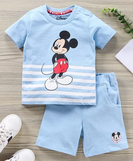 Babyhug Half Sleeves T-Shirt & Shorts Mickey Mouse Print - Blue