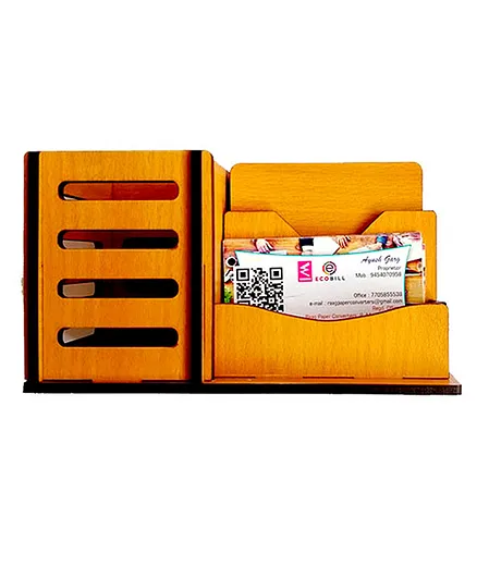 WISSEN Wooden Pen Stand with Visiting Card Holder - Brown
