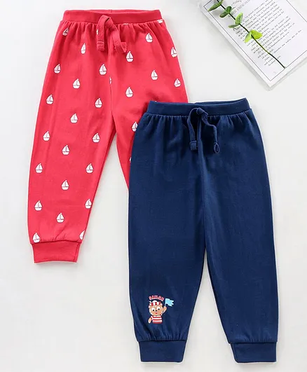Babyhug Full Length Ribbed Waist Knit Lounge Pant Pack of 2 - Blue Red