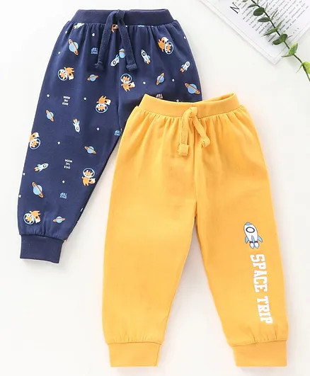 Babyhug Full Length Loungepants Fox & Space Print Pack Of 2 - Blue Yellow