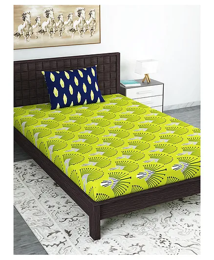 Divine Casa Abstract Blend Cotton Single Bedsheet with 1 Pillow Cover - Olive Green & Blue