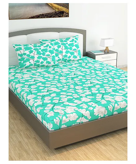 Divine Casa Floral Blend Cotton Double Bedsheet with 2 Pillow Covers - Aqua Green & White