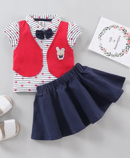 ToffyHouse Party Wear Cap Sleeves Stripe Tee With Attached Waistcoat & Skirt Bow Bunny Patch - White Navy Blue