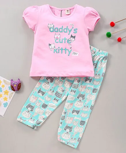 Toffyhouse Short Sleeves Pyjama Set Kitty Print - Pink