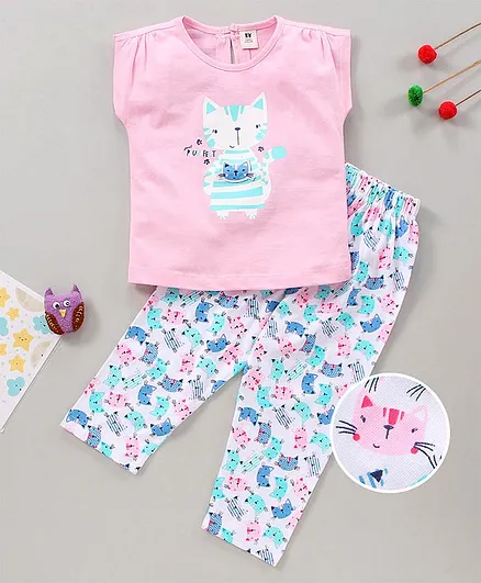 Babyhug Short Sleeves Pyjama Set Kitty Print - Peach