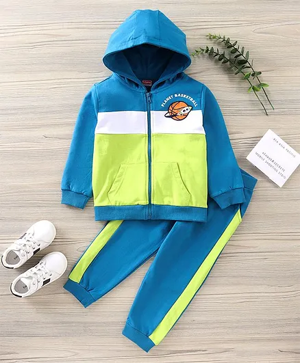 Babyhug Full Sleeves Colour Block Hooded Jacket & Trackpants with Basketball Patch - Blue