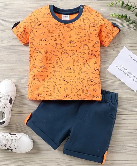 Babyhug Half Sleeves T-Shirt & Shorts Set Dino Print - Orange Navy