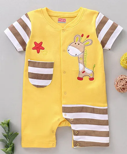 Babyhug 100% Cotton Half Sleeves Full Length Romper Donkey Print - Yellow
