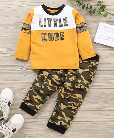 Babyhug Full Sleeves Tee and Lounge Pant Set Camouflage & Text Print- Yellow