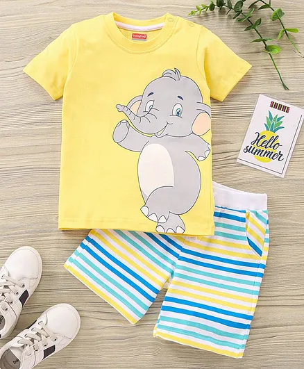 Babyhug Half Sleeves T-shirt and Shorts Set Elephant & Stripes Print- Yellow