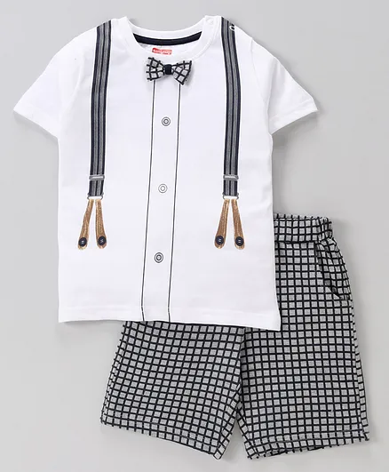 Babyhug Half Sleeves T-Shirt & Shorts Checks Print & Bow Applique - White Checks