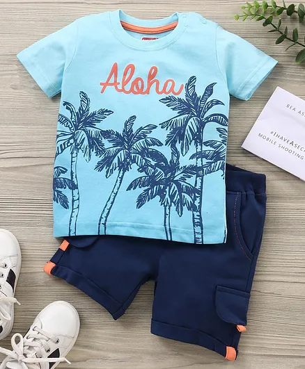 Babyhug Half Sleeves Tee & Shorts Set Placement Print- Blue