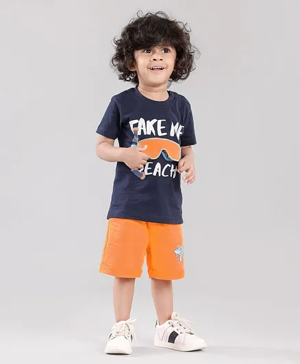 Babyhug Half Sleeve Printed T-Shirt and Knee Length Bottomwear - Navy Orange