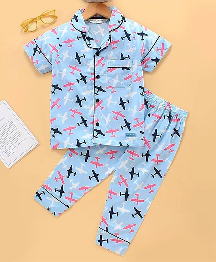 CUCUMBER Half Sleeves T-Shirt & Pyjama Set Aircraft Print - Blue