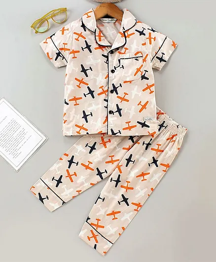 CUCUMBER Half Sleeves T-Shirt & Pyjama Set Aircraft Print - Peach