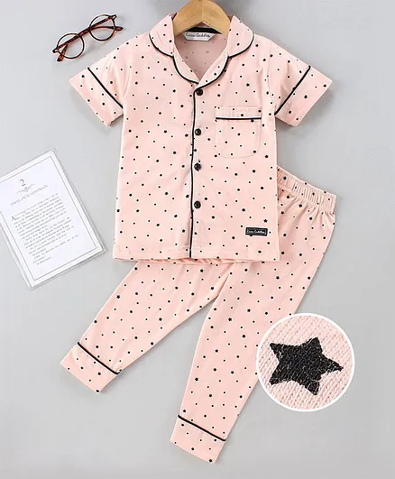 Cucumber Half Sleeves T-Shirt & Pyjama Set Star Print - Peach