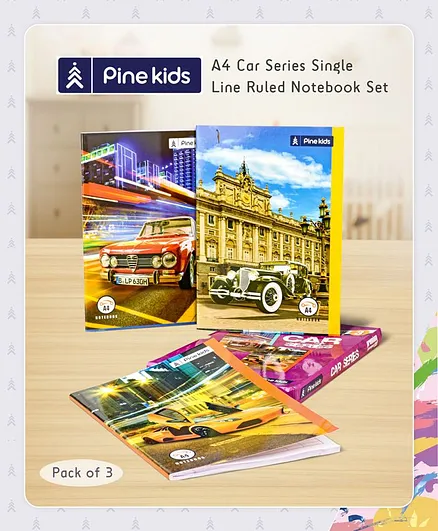 Pine Kids Premium A4 Car Series Single Line Ruled Exercise Notebook Set Pack of 3 - 140 Pages Each